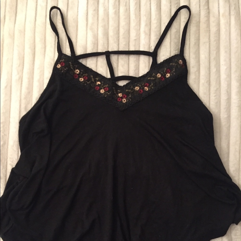 Black strappy back tankful with flower print trim